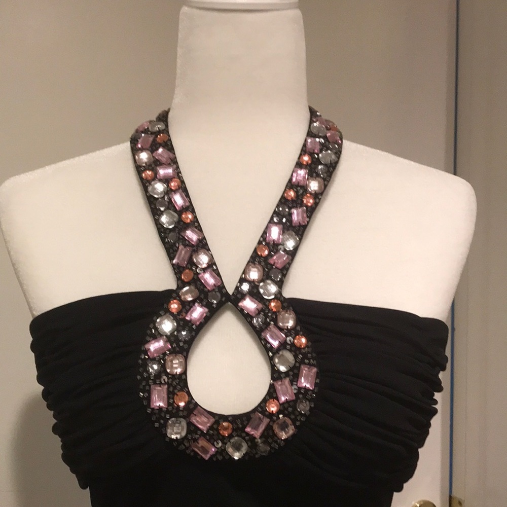 Embellished Black Halter Top with Open Back